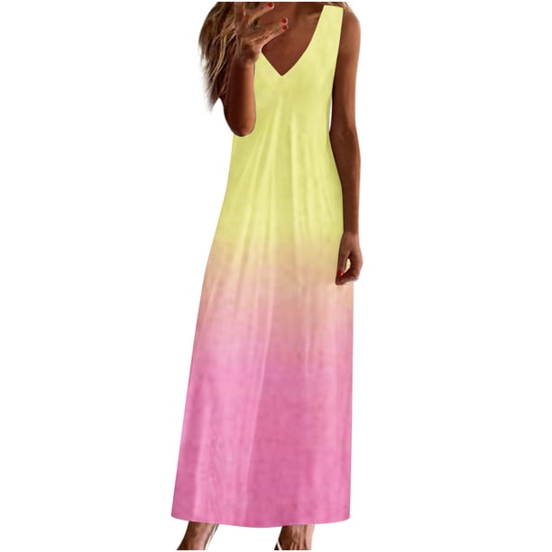 Maxi vestidos de mujer verano casual cuello en V sin mangas vacaciones playa bolsillos vestido largo Fridja hj4926