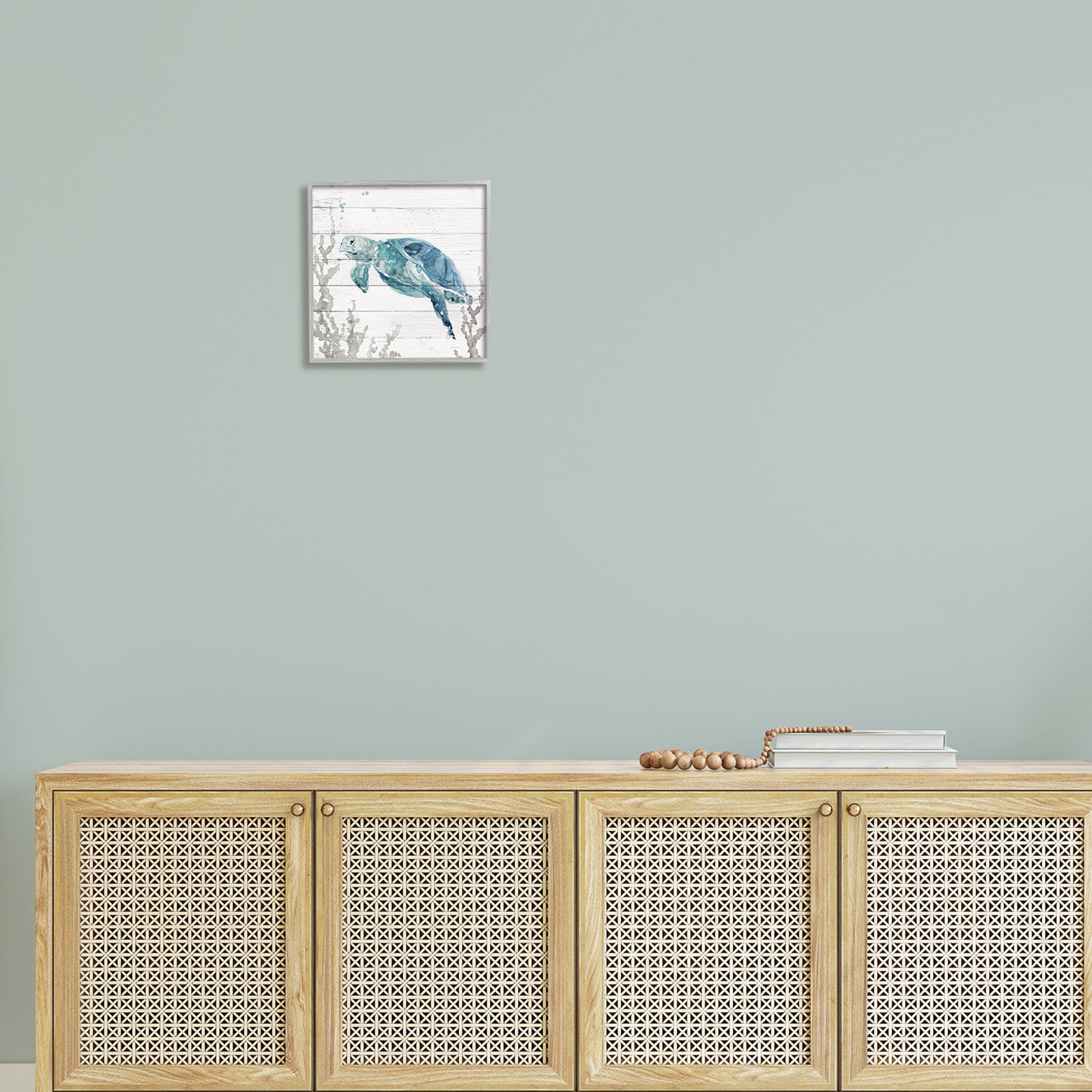 Stupell Industries Swimming Sea Turtle Coral Beach Plank Design Graphic Art Gray Framed Art Print Wall Art, Design by Carol Robinson