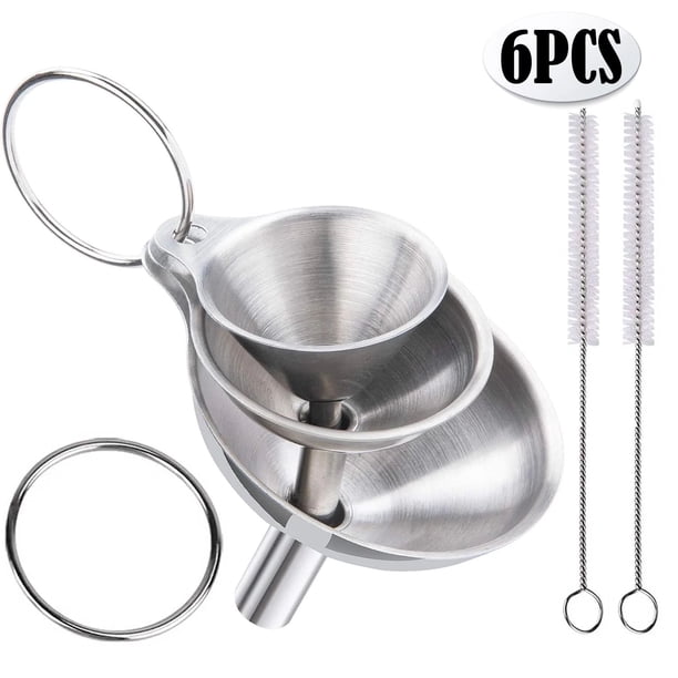 Embudo de acero inoxidable de 6 piezas, juego de 3 embudos grandes y pequeños, mini embudos de grado alimenticio para uso en la cocina, llenado de botellas, matraces, cocina, 2 cepillos