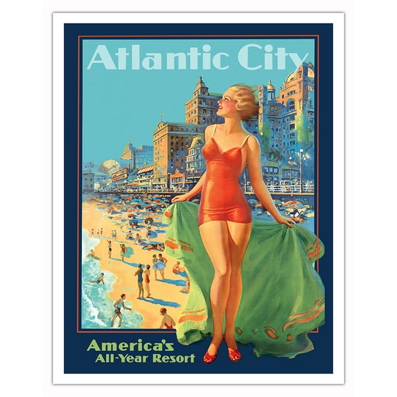 Atlantic City - America’s All-Year Resort - Pennsylvania Railroad - Vintage Travel Poster by Edward Mason Eggleston c.1936 - Fine Art Matte Paper Print (Unframed) 11x14in