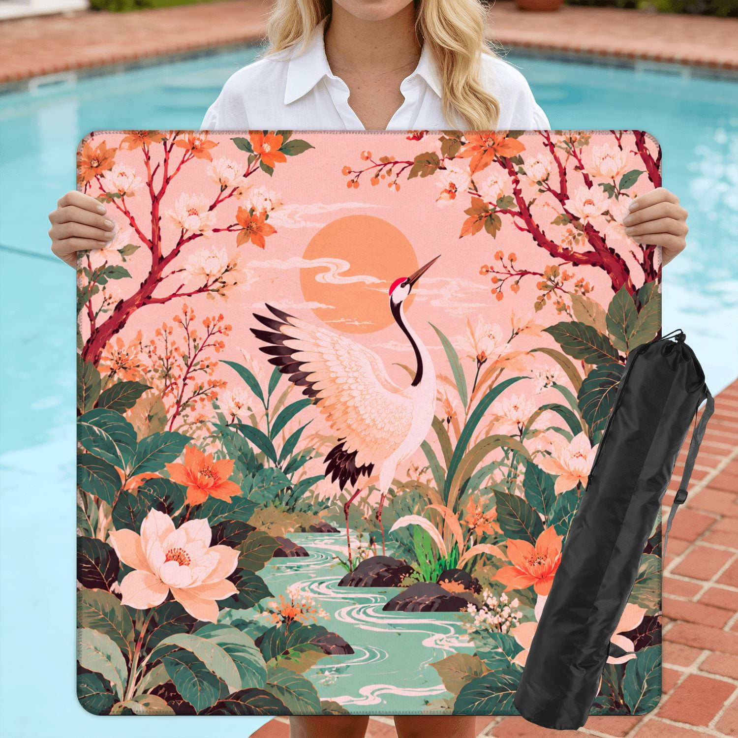 Mahjong Mat 31.5" x 31.5" Pink Crane Standing Lotus Flowers Traditional Floral Watercolor Non-Slip Noise Reduction American Mahjong Tiles Table Cover for Dominoes Poker Card Board Games Gift