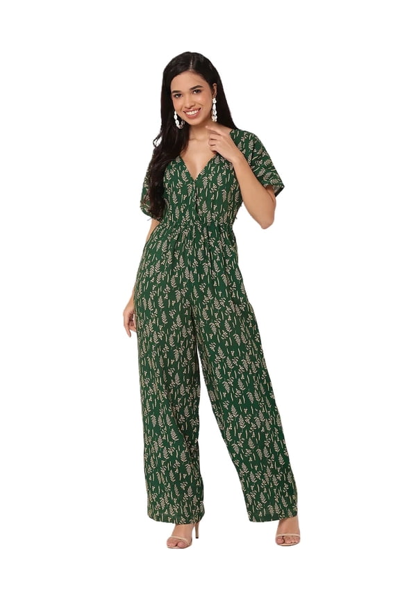 Short Sleeve Full Leg Printed Rayon Jumpsuit - Women's Stylish Jumpsuit