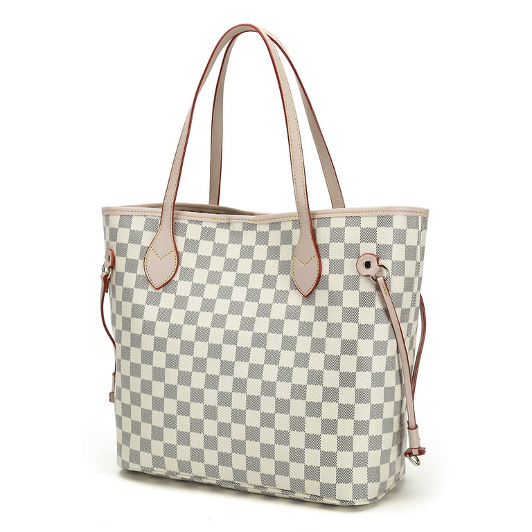 Richports Checkered Tote Shoulder Bag with Inner Pouch with Women's Rose Gold-Tone Bracelet Watch, Size: Large, Beige