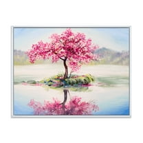 Designart 'Oriental Cherry Pink Tree Sakura On The Lake' Lake House Framed Canvas Wall Art Print