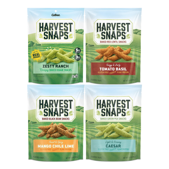Variety Pack Harvest Snaps Veggie Chips, 4 Delicious Flavors - Zesty Ranch, Tomato Basil, Mango Chili Lime, Caesar, Healthy Snack, Baked, Gluten-Free, Vegan-Friendly, High Protein, 4-Pack
