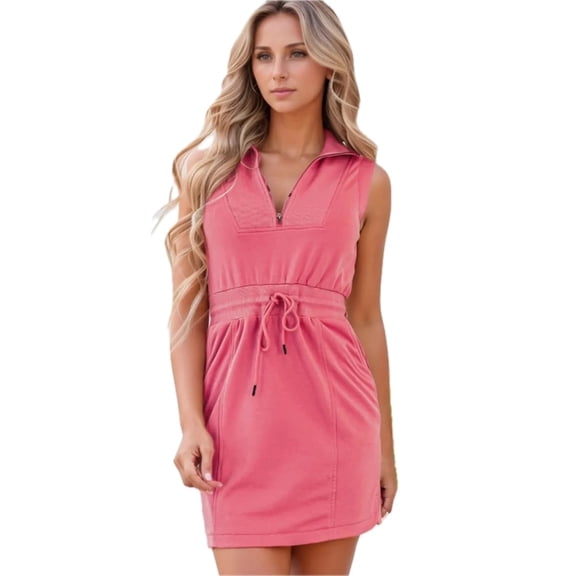 Women's French Terry Zipped Collar Sleeveless Drawstring Waist Mini Dress 70% Polyester 30% Cotton Casual Everyday