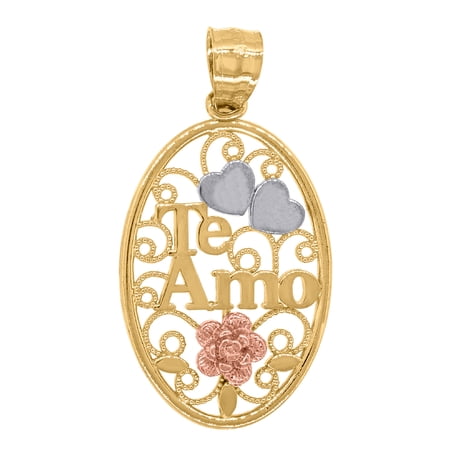 14k Gold Womens Tri-Color Te Amo Flower Heart Oval Charm Pendant