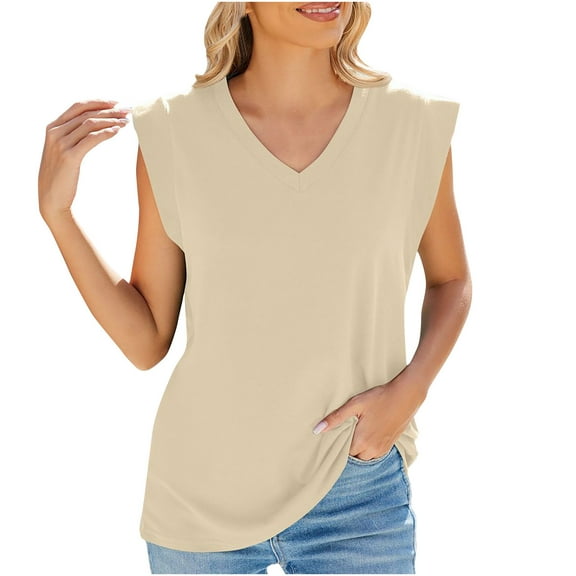 Qiaocaity Summer Shirts for Women S Solid Color Sleeveless V Neck Sleeveless Sling Top Beige L