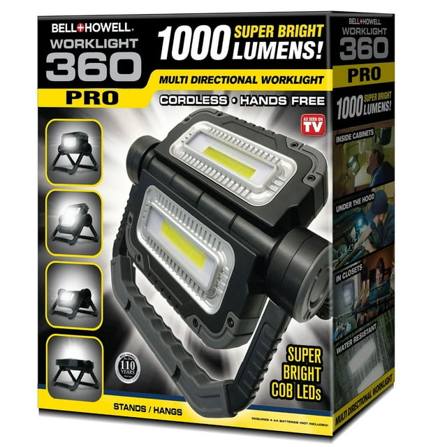 Bell+Howell Worklight 360 Pro multidirectional cordless work light with 1000 lumens brightness, super bright COB LEDs, stands or hangs for shop, garage or camping use.