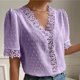 thumbnail image 4 of Blusas sueltas de manga corta con cuello en V de color sólido informal para mujer con estilo OAVQHLG3B Store lin121212, 4 of 5