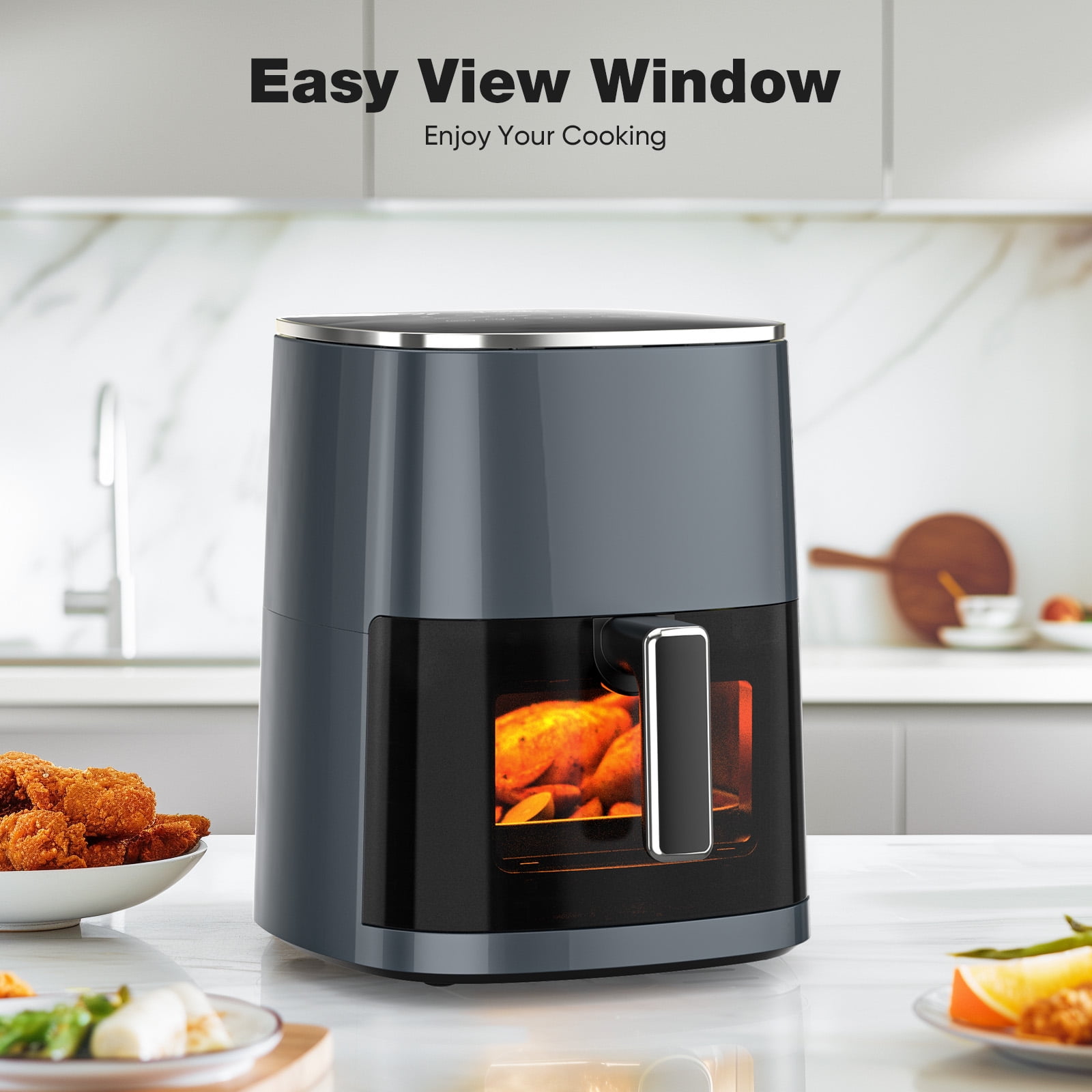Mayoume 6 Qt Air Fryer - 12-in-1 Touch Screen Presets, Roast, Bake, Air Fry, Roast, Dehydrates, Fries, Frozen Food, Veggies and Juicy Meat, Less Oil, Easy Meals, Steam with 400F, Grey
