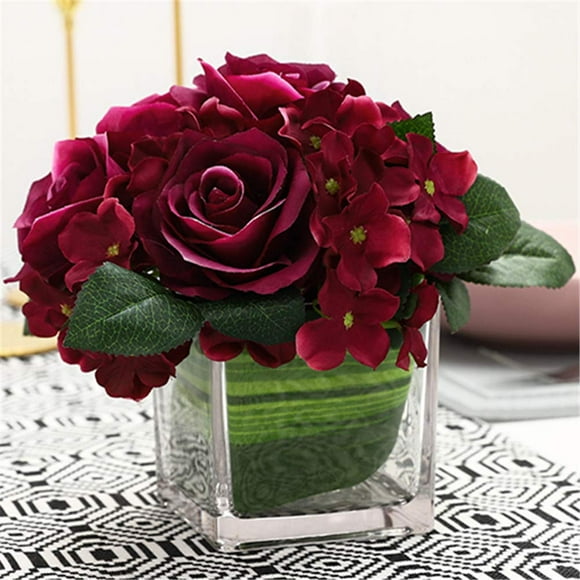 Fule Artificial Silk Rose Flower Centerpiece Arrangement in vase for Home Wedding Decoration (Dark Purple)