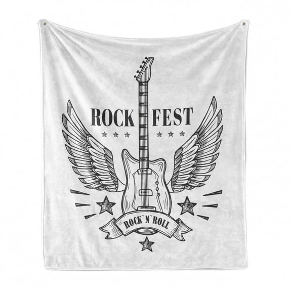 Rock and Roll Soft Flannel Fleece Blanket, Pattern of Rock Festival Design with a Winged Guitar and Stars, Cozy Plush for Indoor and Outdoor Use, 70" x 90", Charcoal Grey and White, by Ambesonne