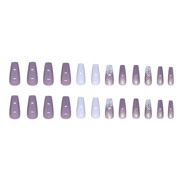 24Pcs Gradients Purpled Shimmery Square Faux Nails with Flower Designs Easy Press On Nails for Parties and Daily Wear