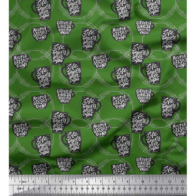 Soimoi Green Velvet Fabric Life Begins After Coffee Text Print Sewing Fabric Yard 58 Inch Wide