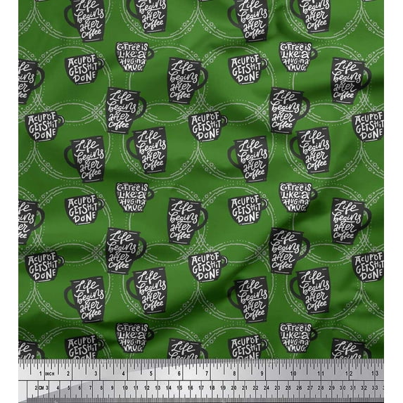 Soimoi Green Cotton Duck Fabric Life Begins After Coffee Text Print Fabric by the Yard 42 Inch Wide