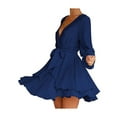 thumbnail image 2 of Seyurigaoka Women's Swing Tunic Dress Deep V Neck Long Sleeve Skirts Belted Wrap High Waist Mini Dress Casual A-line Flowy Ruffled Sundress, 2 of 4