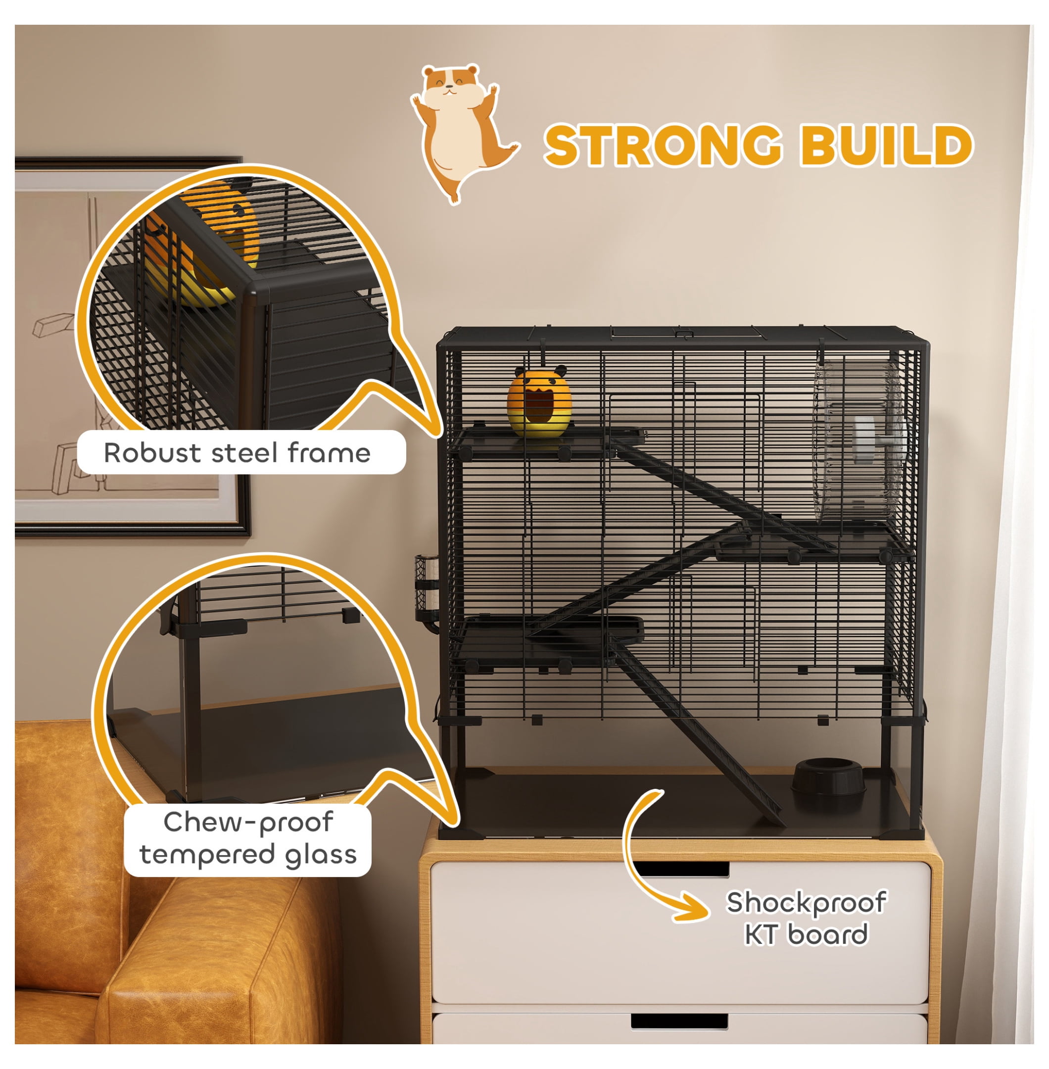 Hamster Cage 4 Tier with Tempered Glass Bottom, Running Wheel & Hut - Mice & Rats Habitat 31"x19"x31.5", Syrian & Dwarf Hamster Cage