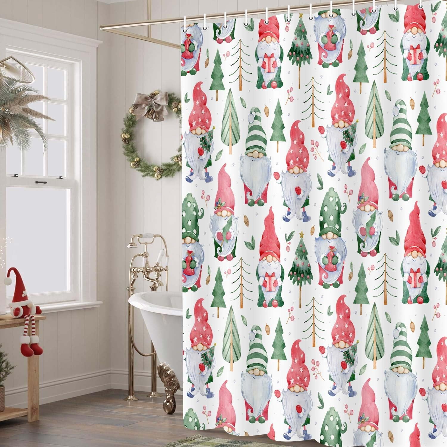 Farmhouse Christmas Shower Curtain Cute Gnomes, Gnomes Holding Xmas Gifts Bathroom Curtain Christmas Pine Tree, Winter Holiday New Year Bathroom Decorations with Hooks 72x72IN