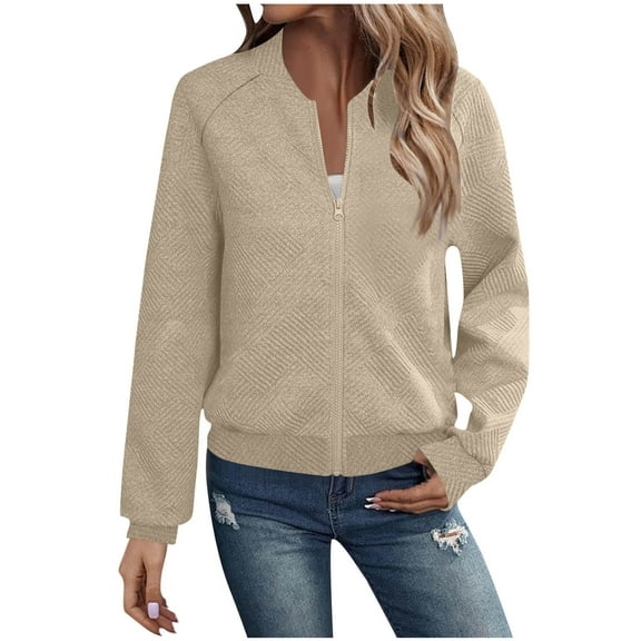 GaThRRgYP Fashionable Winter Jacket Autumn Ladies,Women's Casual Solid Long Sleeved Zipper Jacket Top Jacket Khaki S