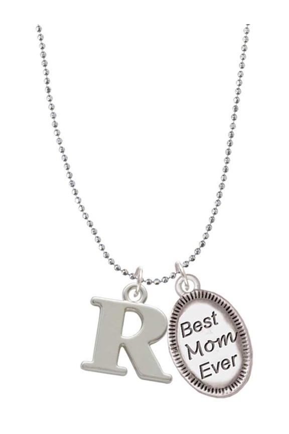 Silvertone Large Initial - R - Best Mom Ever Charm Necklace