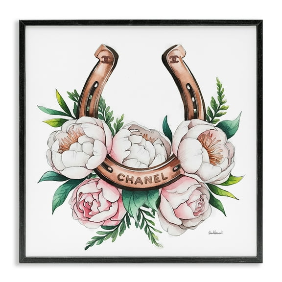 Stupell Industries Glam Peonies & Horseshoe Plants & Flowers Painting Black Framed Art Print Wall Art, 12 x 12