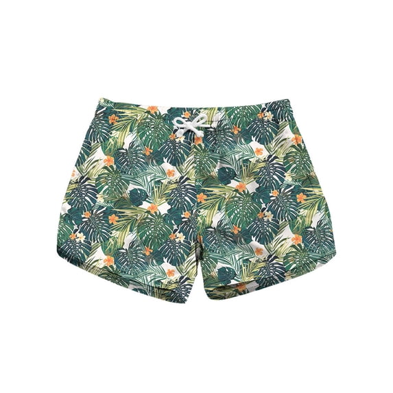 Xuanfei Women Coconut Tree Print Mid-Waisted Drawstring Quick Dry Beach Shorts