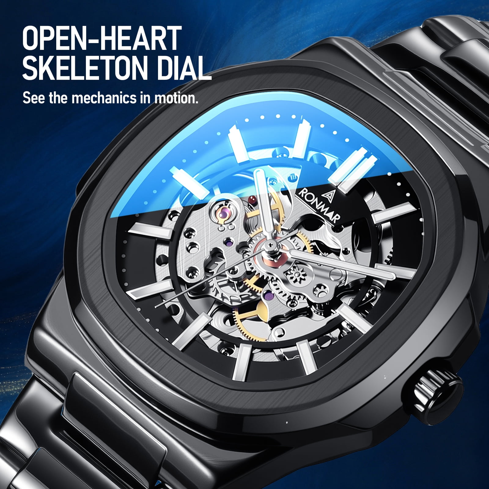 SKMEI Men's Mechanical Skeleton Watch Luxury Big Face Watches for Men with Luminous Stainless Steel Strap