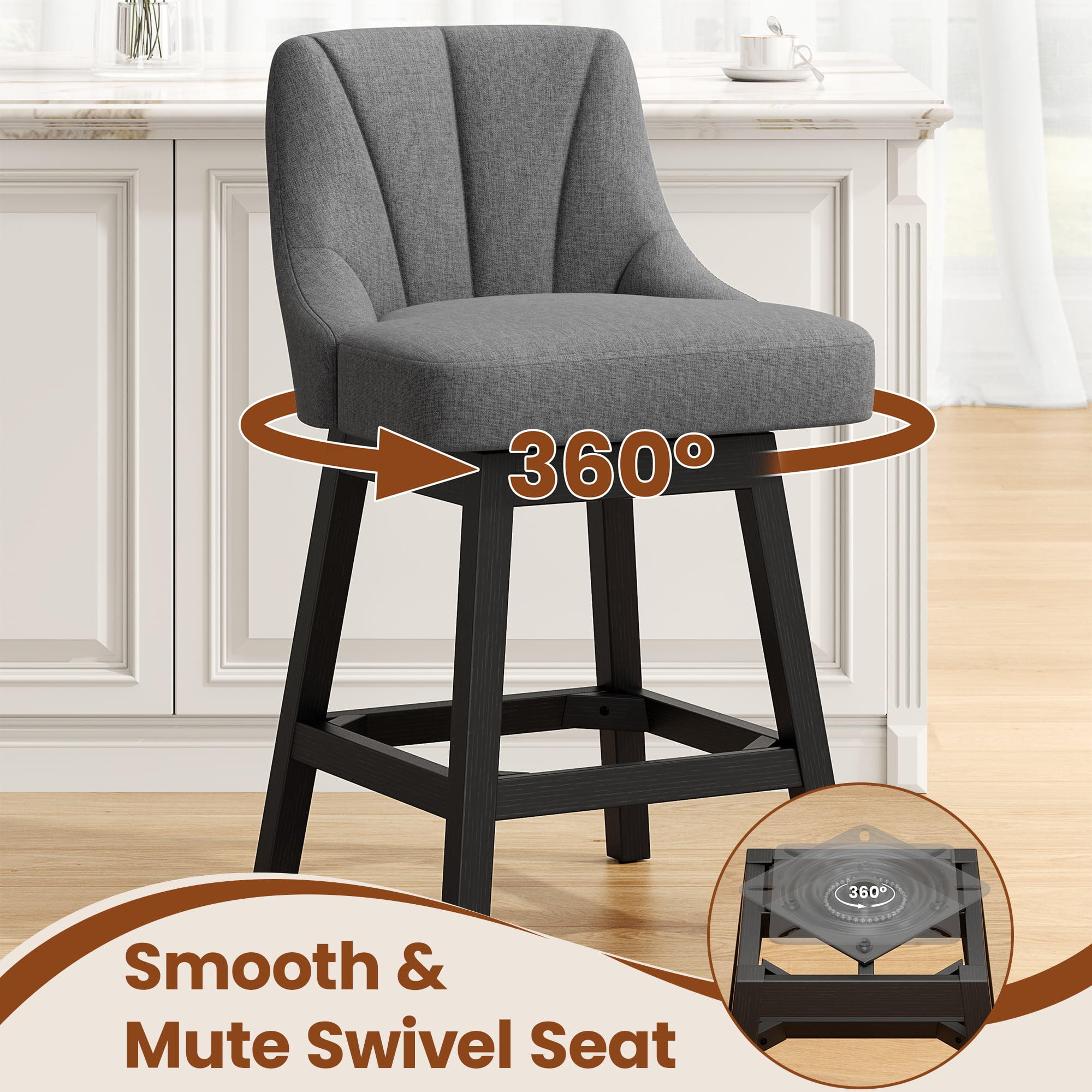 LainTene 26" Swivel Bar Stools with Backs, 26" Counter Height Bar Stools, Extra Upholstered Counter Barstools with Square Solid Wood Legs for Kitchen Island, Dining Room