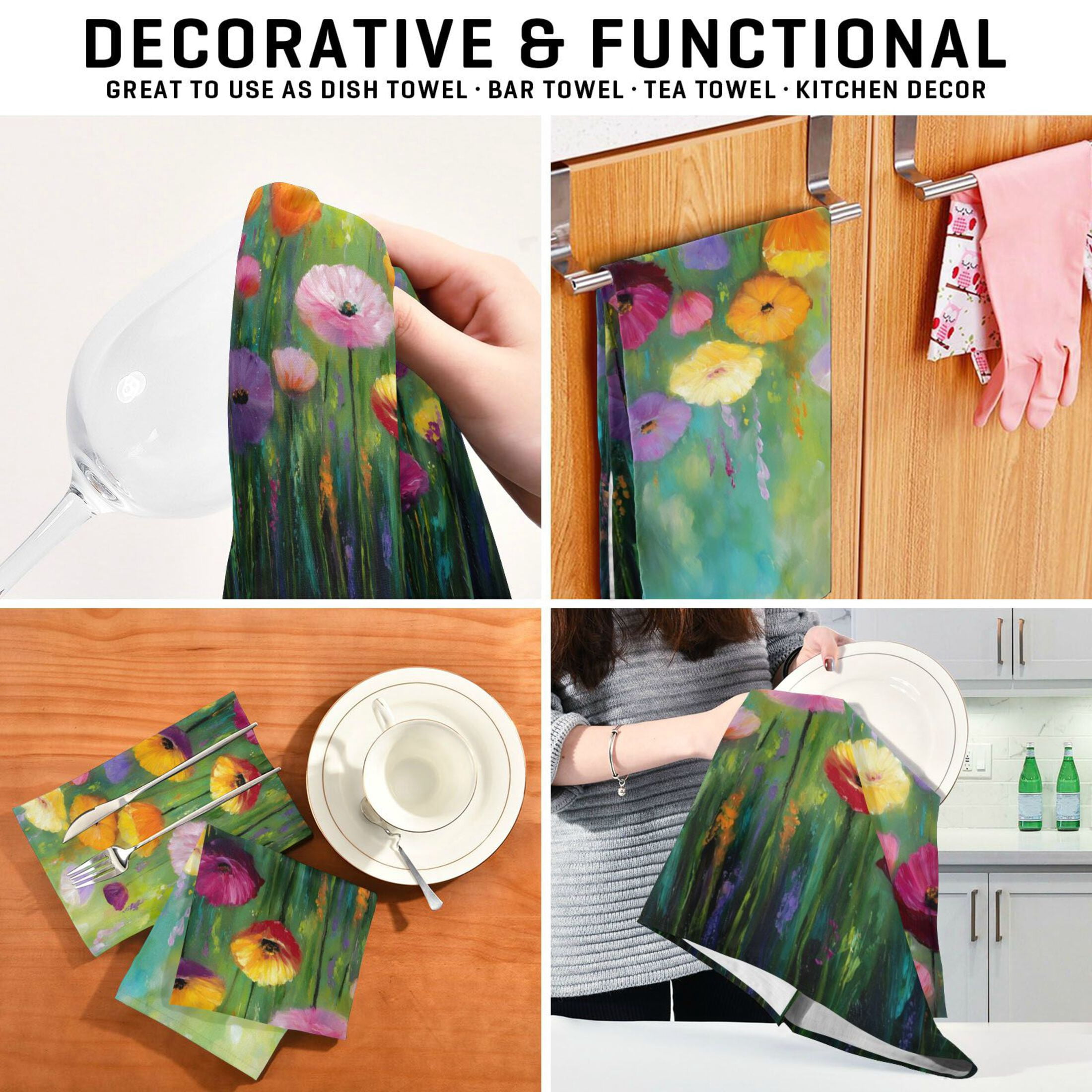 Qxltty Spring Wildflowers Kitchen Towels 28 x 18 Inch Set of 6 Soft Cotton Linen Feel Dish Towels with Hanging Loop for Drying, Cleaning & Decor
