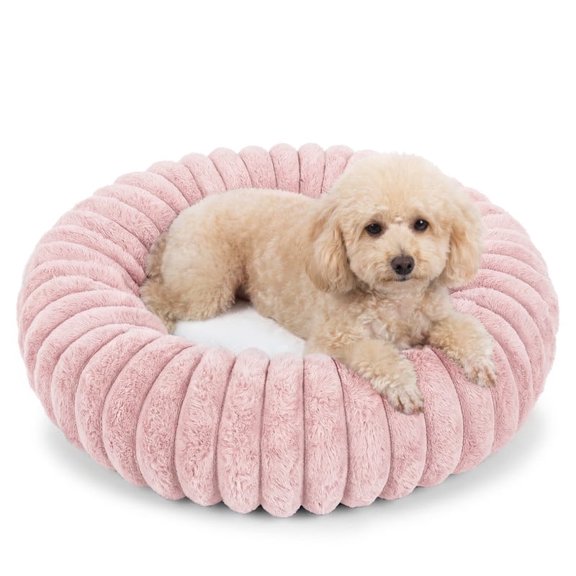 Exclusivo Mezcla Calming Donut Dog Bed with Non-Slip Bottom, 24 inches Cozy Fluffy Faux Rabbit Fur Round Pet Bed for Medium Dogs, Pink