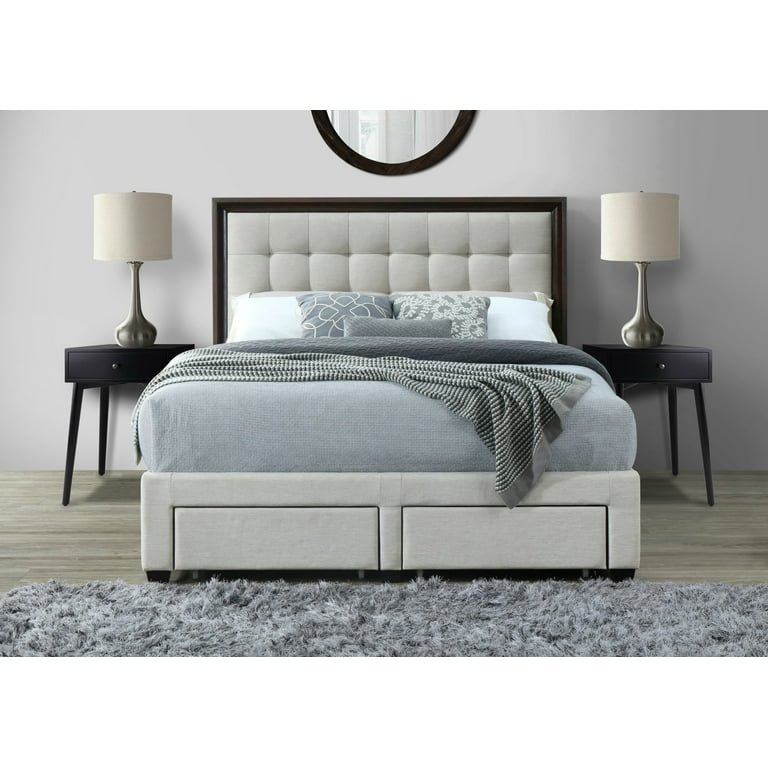 Dg casa soloman upholstered panel bed frame with storage drawers and wood trim tufted headboard deals