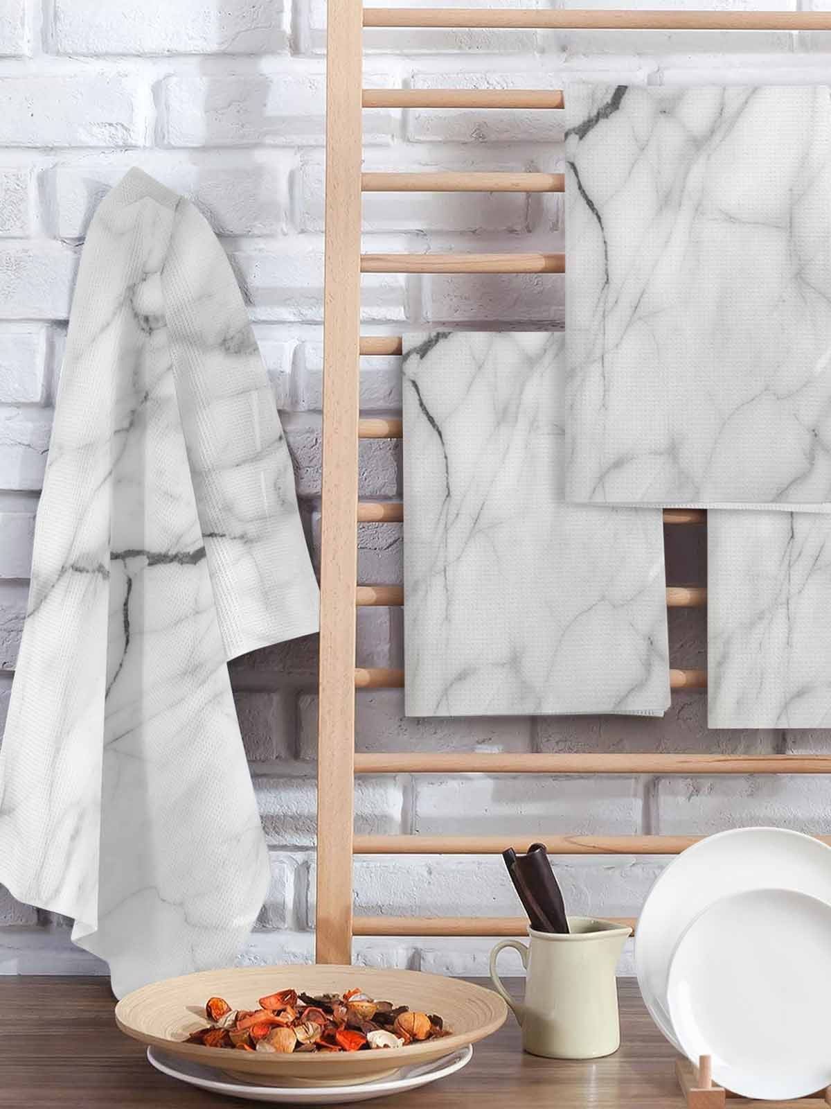White Marble Kitchen Dish Towels for Drying Dishes Set of 2, Modern Geometric Abstract Minimalist Crack Waffle Weave Microfiber Hand Tea Bathroom Towels Quick Dry & Absorbent Towel 15.7x23.6
