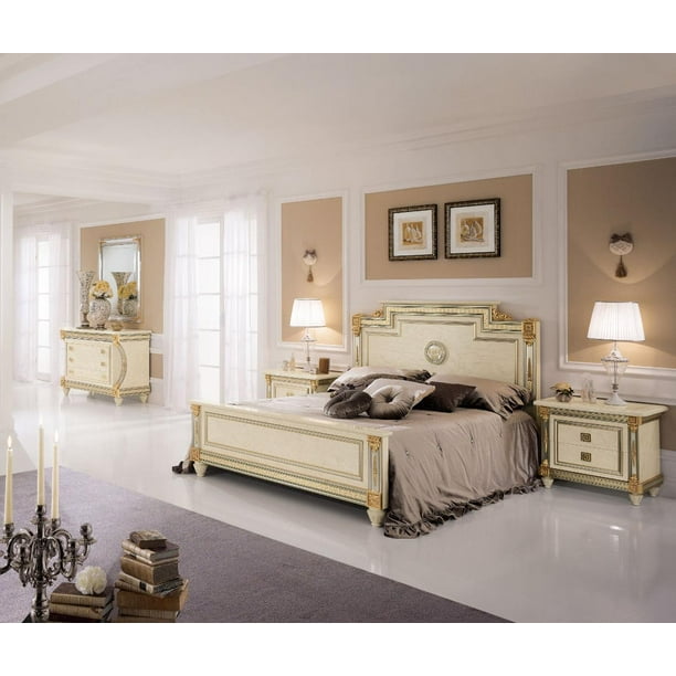 Glossy Ivory Luxury King Bedroom Set 5p, Luxury King Bed Frame