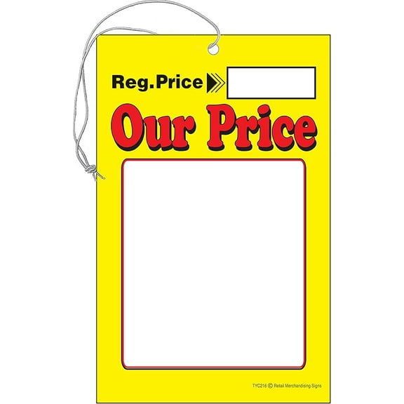 TYC216 Our Price Regular Elastic Knotted Price Sale Tags with Strings Red and Yellow Pack of 100 (3 1/2" x 5 1/2") Business Store Signs