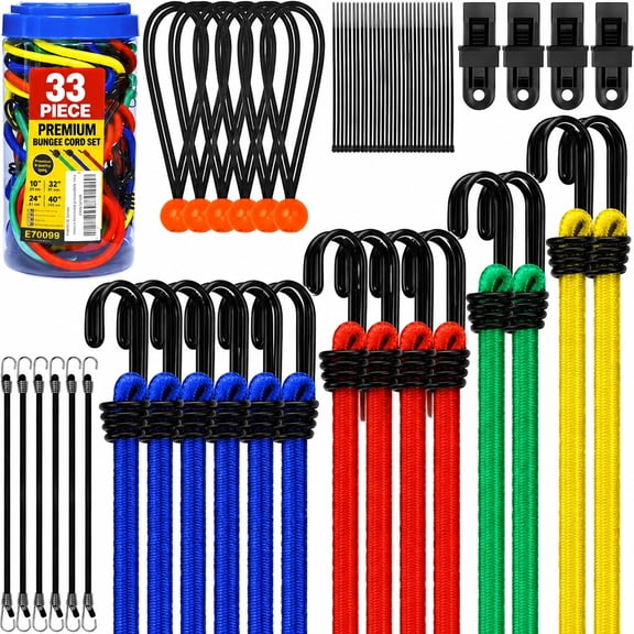 Rongsi 33 Piece Premium Bungee Cords Assortment Jar, Includes 10", 18", 24", 32", 40" Bungee Cord with Hooks, 6" Nylon Cable Ties, 8" Canopy Tarp Ball Ties and Tarp Clips