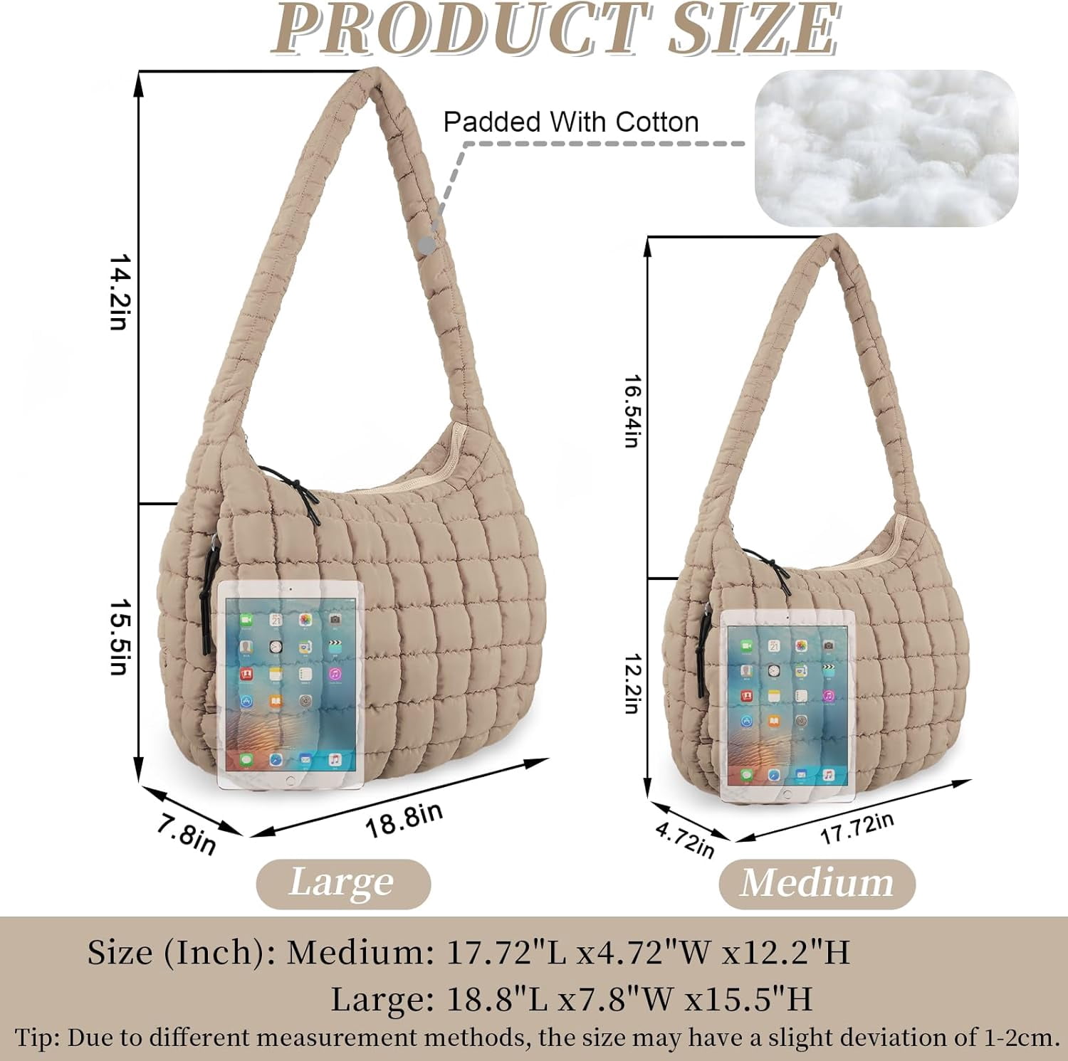 Lohol Quilted Puffer Tote Bag for Women - Large Crossbody Bag, Lightweight Nylon Puffy Carryall Hobo Puff Shoulder Bag-Khaki