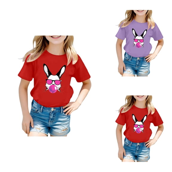 Girl's Cute Easter Bunny with Sunglasses Print Round Neck Short Sleeve Casual T-Shirt Top