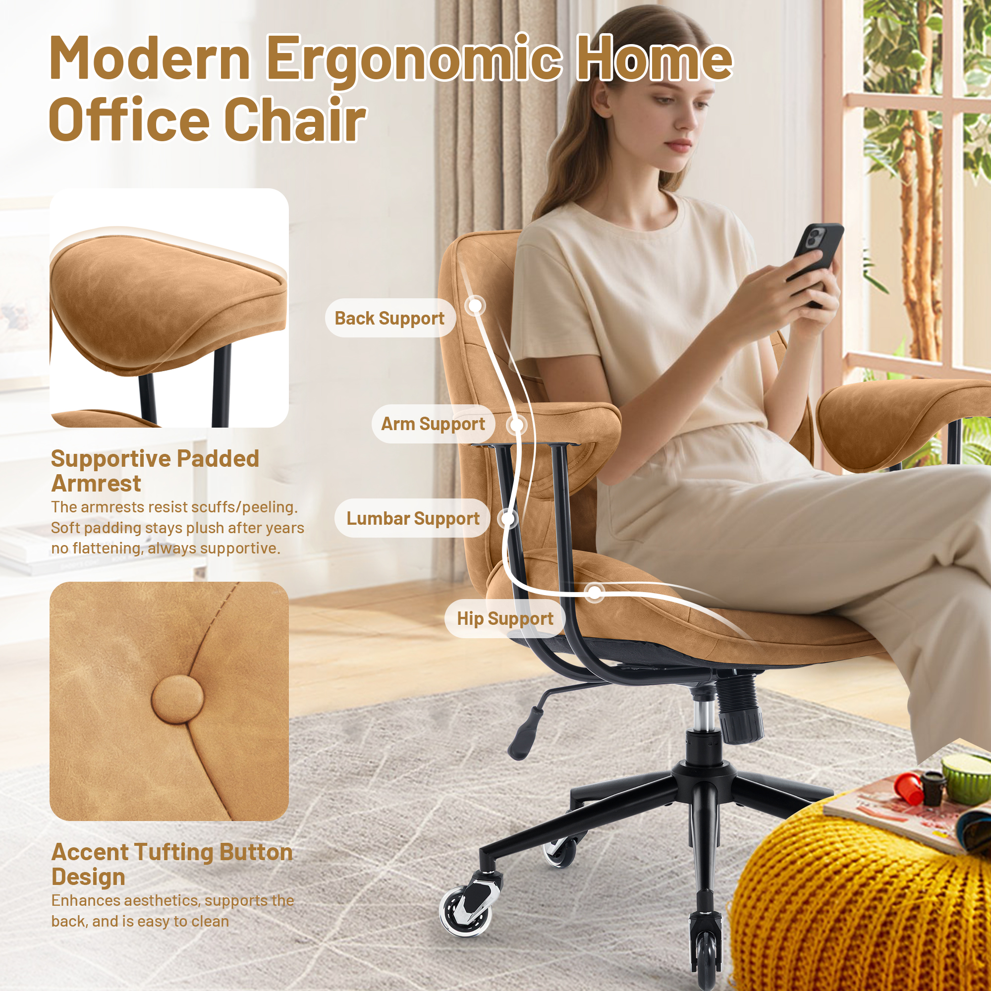 Mid Century Modern Office Desk Chair with Wheels and Arms, Mid Back Ergonomic Office Chair with Lumbar Support, Swivel Leather Computer Desk Chair for All Day Comfort