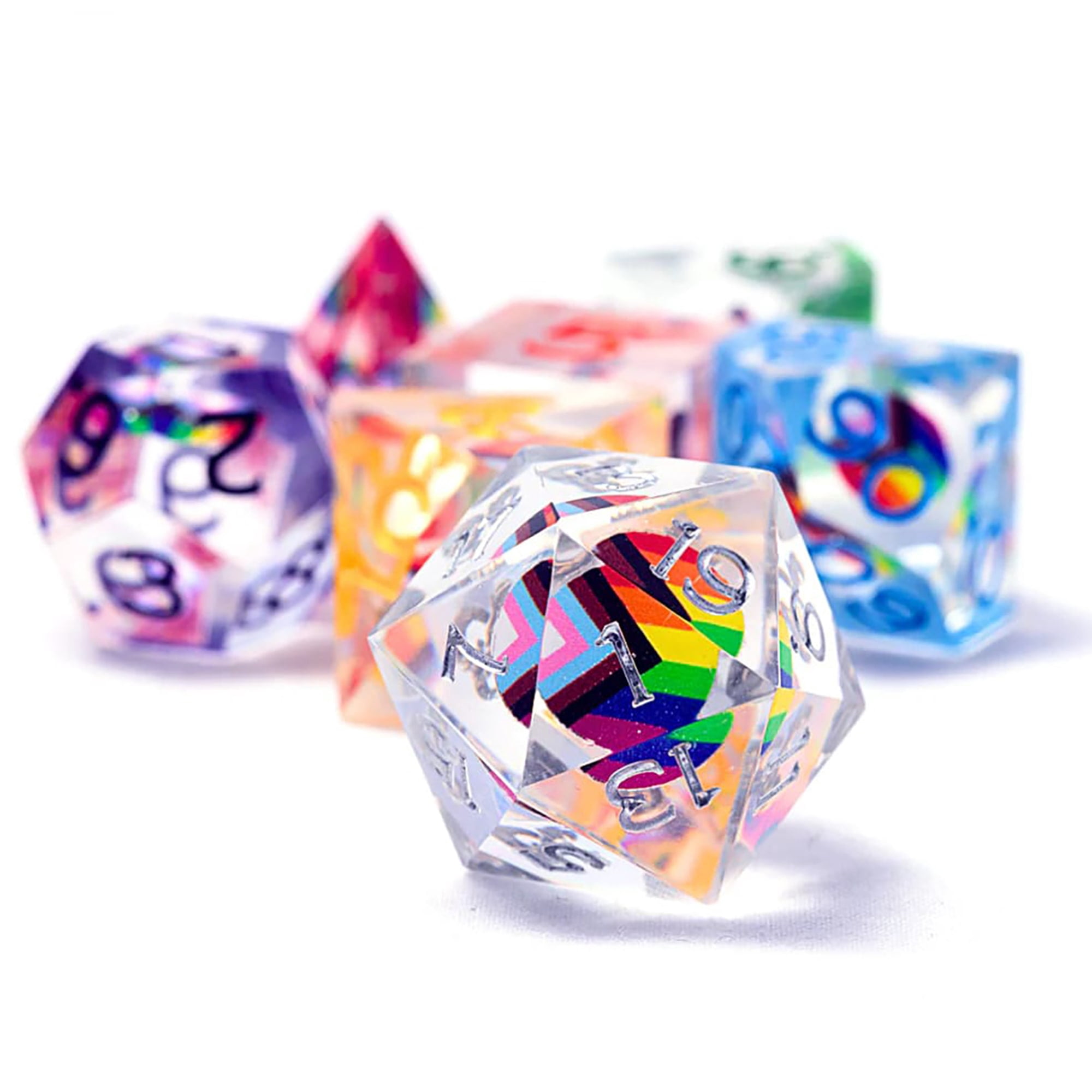 Dungeons & Dragons: Dice Set - Progress Pride - 7-Piece, Polyhedral, RPG, Clear Resin w/ Rainbow Colors, D&D Roleplaying Game Accessory, Sirius Dice