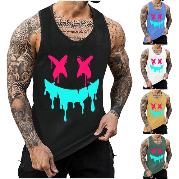UVEASISHA Mens Sleeveless Muscle Shirts Funny Smiley Face Graphic Gym Tank Tops Summer Casual Athletic Running Shirt Cool Streetwear Workout Tanks Yellow 4XL