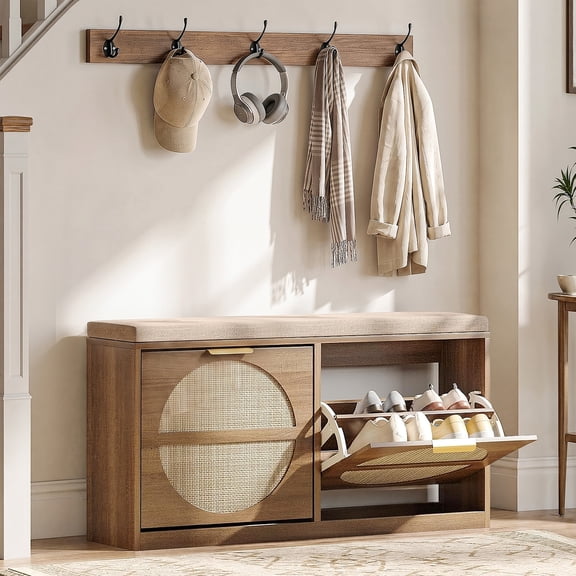 Wood Rattan Shoe Bench with 2 Flip Drawers,Cushion & 5 Coat Rack,Rustic Oak Rattan