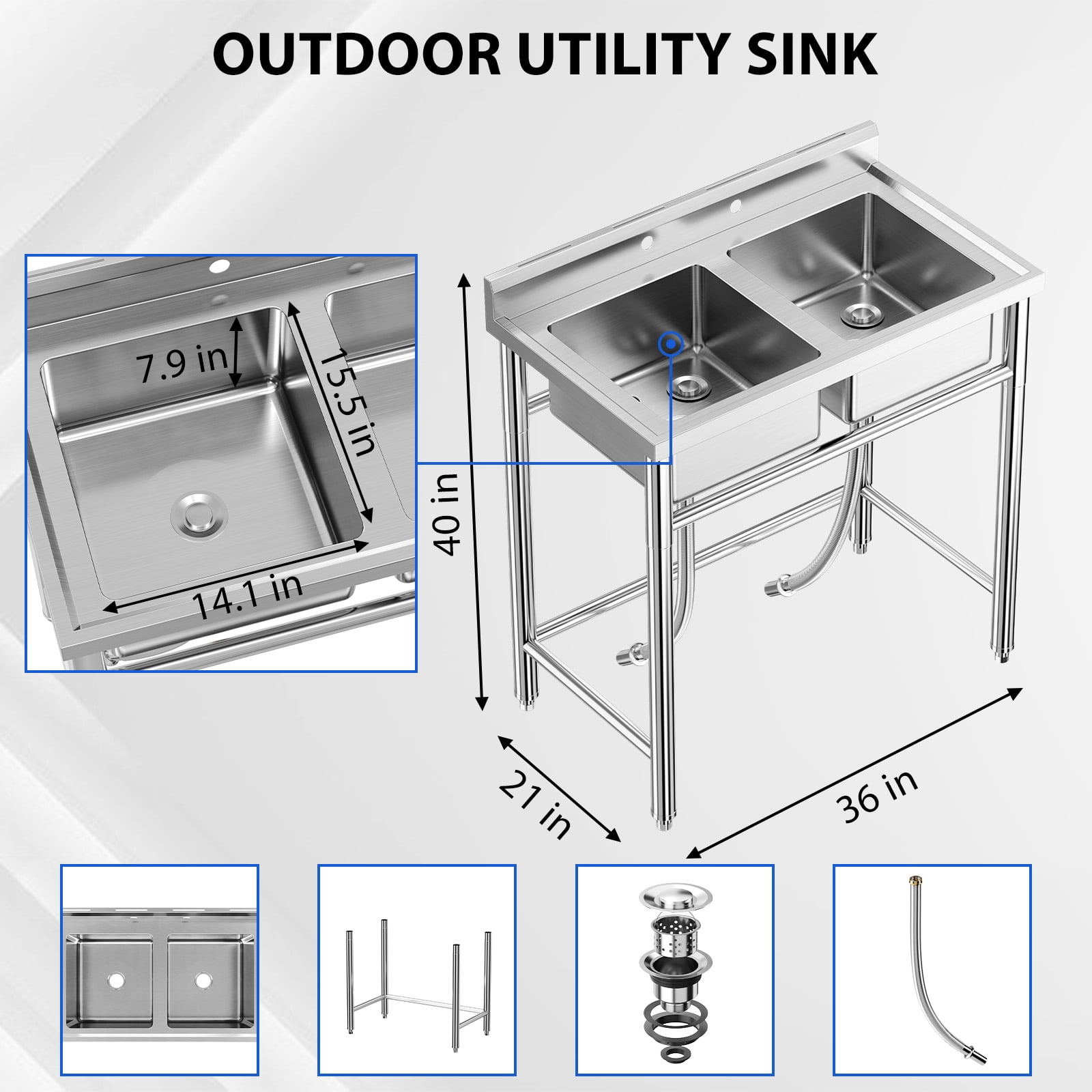 Stainless Steel Utility Sink - Commercial Restaurant Freestanding Dual Bowl Laundry Sink, NSF Certified, Outdoor Camping Set, for Garage, Restaurant, Backyard (36in)