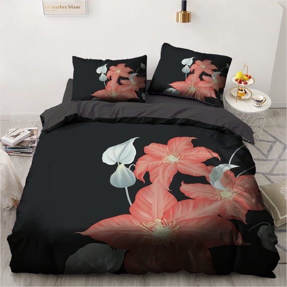 Green Lotus Leaf Black Duvet Cover Cartoon Goldfor Kids Teens Adults Summer Theme Quilt Cover for Be