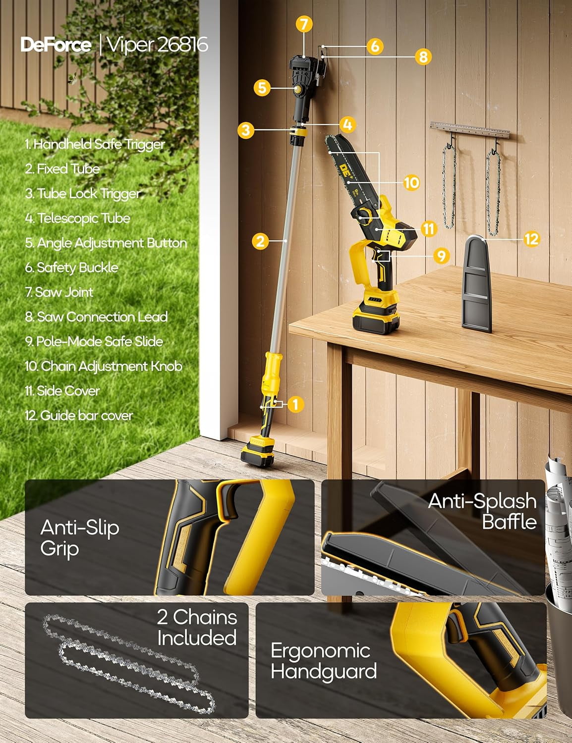2-in-1 Cordless Pole Saw for DeWalt 20V Max Battery, Brushless 8” Mini Chainsaw for Tree Trimming, 16 ft Maximum Reach with Extension Pole (Tool Only)
