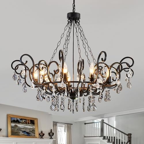 Crystal Round Chandelier Modern Black Candle Pendant Light Large E12 9 Light Adjustable High Hanging Ceiling Light Fixture for Farmhouse Dining Room Foyer Staircases Kitchen Island Living Room