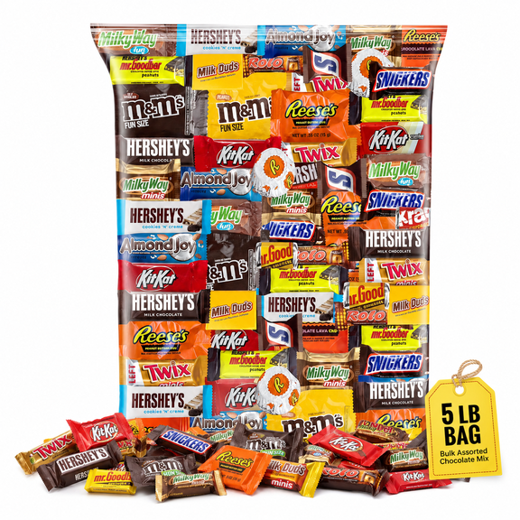 5 lb Chocolate Candy Variety Pack, Bulk Assorted Individually Wrapped Fun Size Chocolates for Parties, Office Snacks, Halloween & Holiday Sharing