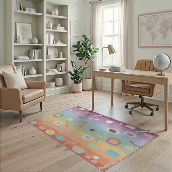 ODIKA 4'x6' Pastel Rainbow Geometric Washable Area Rug Modern Artistic Flowing Shapes Minimalist Mid Century Graphic for Home Office, Under Desk, Non-Slip Chair-Friendly, Flatwoven