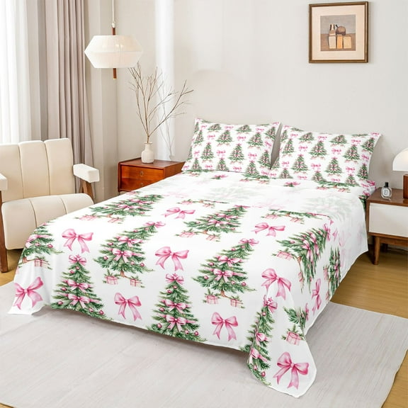 Manfei Xmas Tree Twin Sheet Sets 3pcs for Kids Teens Girls,Pink Ribbon Bow Twin Fitted Sheet Microfiber,Merry Christmas Breathable Flat Sheet,Microfiber Bedroom Decor