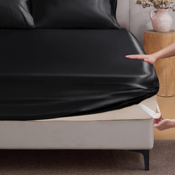 Satin Fitted Sheet Queen Size with Elastic Corner Straps, Luxury Soft Silk-Like Bed for Hair & Skin, 1 Deep Pocket Only Fits 15" Mattress, Fade Wrinkle Resistant, Black